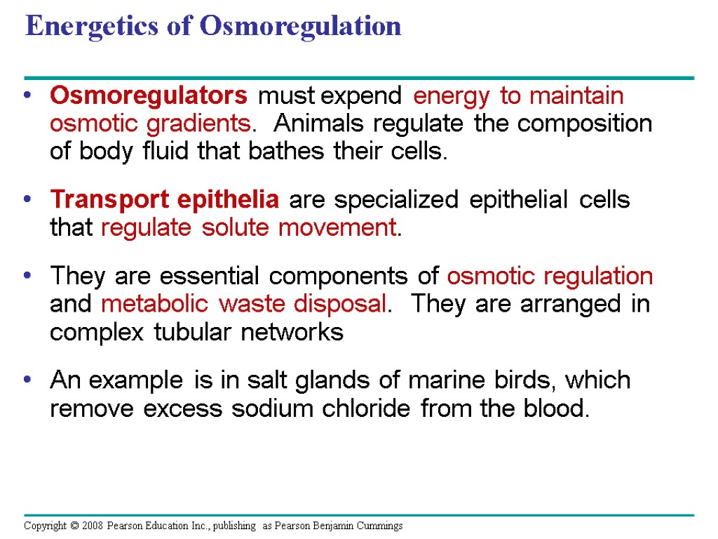 Energetics of Osmoregulation Osmoregulators must expend energy to maintain osmotic gradients. Animals regulate the